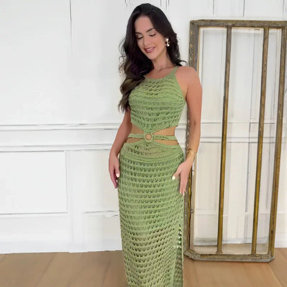 Sexy Hollow Out Women Knit Maxi Dress High Waist Cut Out Mesh Sheer Elegant Sleeveless Hem silt Beach Party Dress Femme