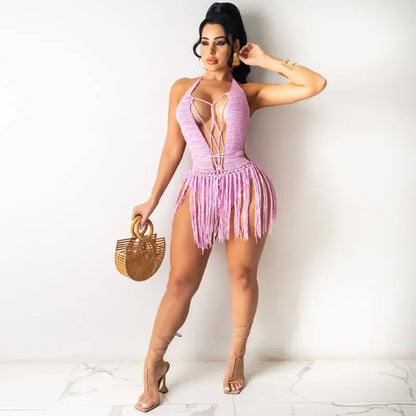 Sexy Women Knitted Dress Halter Backless Crochet Mini Dresses Hollow Out Bodycon Crocheted Beach Dress