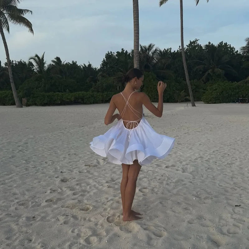Elegant Chiffon Pleated Off Shoulder Women Sling Dress Fashion Lace Up Backless High Waist A-line Mini Dresses Lady Beach Robes