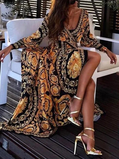 Maxi Gown, Women Retro Printed Long Sleeve Summer Casual Bohemian V Neck Big Swing Split Long Robe