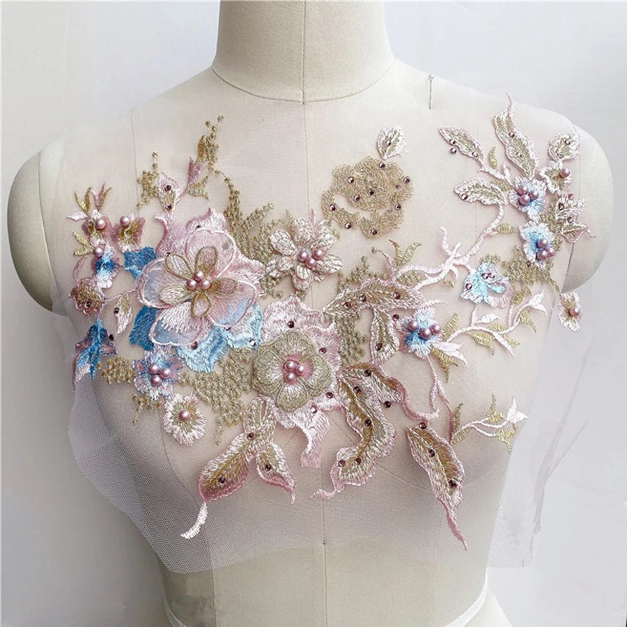 Lace, 3D Embroidered Sewing On Patches For Clothing Flower Lace Patch Wedding Party Gown Bridal Dress Fabric Appliques DIY Repair
