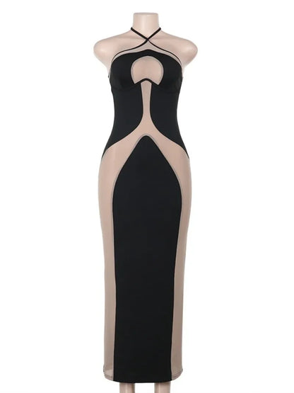 Halter Neck Dresses, Mesh Patchwork for Women Sexy Lace-up Backless See-through Evening Dress Sleeveless Backless Long Party Robe