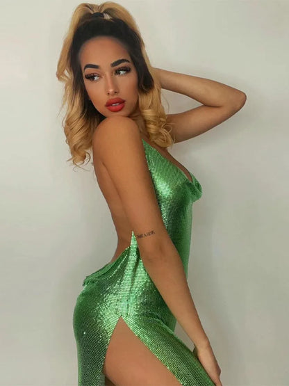 Mini Dress, Sexy Bodycon for Women Bling Glitter Evening Prom Women Halter Side Slit Backless Party Club Summer Clothes