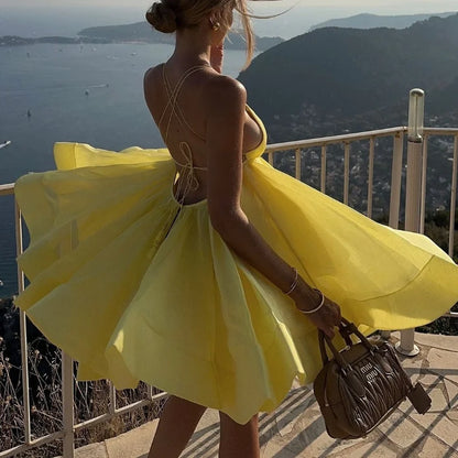 Elegant Chiffon Pleated Off Shoulder Women Sling Dress Fashion Lace Up Backless High Waist A-line Mini Dresses Lady Beach Robes